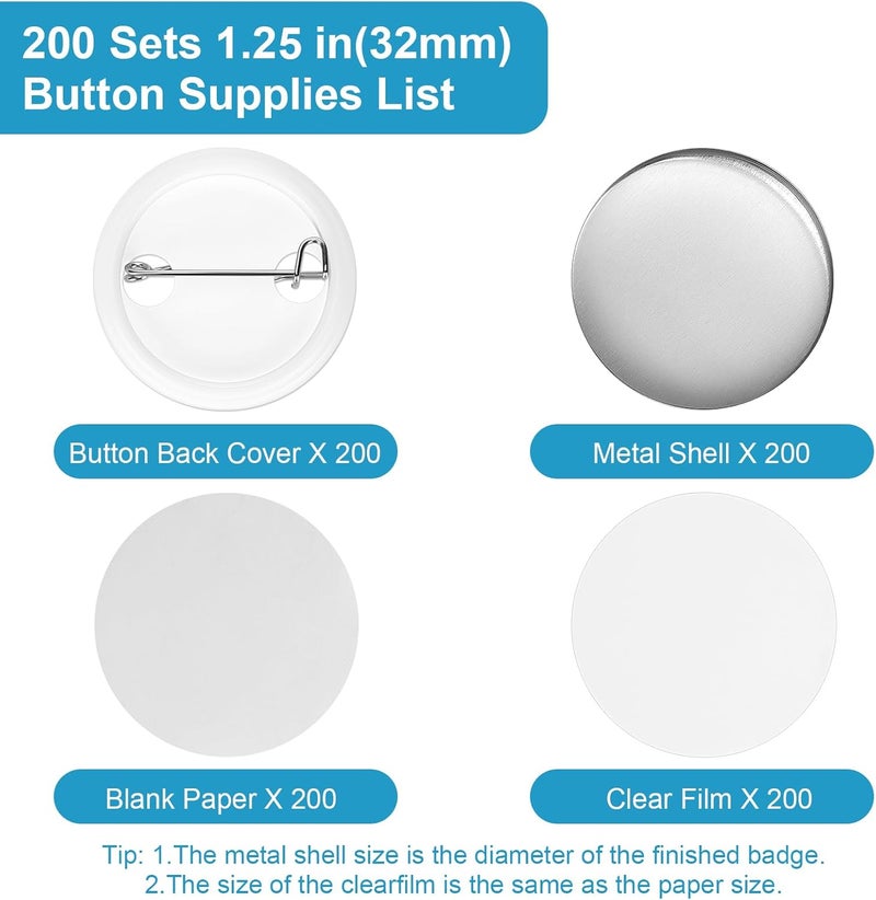 KUNTAERY 200 Sets 1.25 Inch Button Maker Supplies, 32mm Round Badge Parts with Metal Covers, Plastic Pin Backs, Clear Film & Blank Paper, Perfect for Button Maker Machine & Badge Press - Image 2